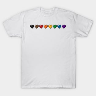 Row of Eight Inclusive Rainbow Pride Flag Pixel Hearts T-Shirt